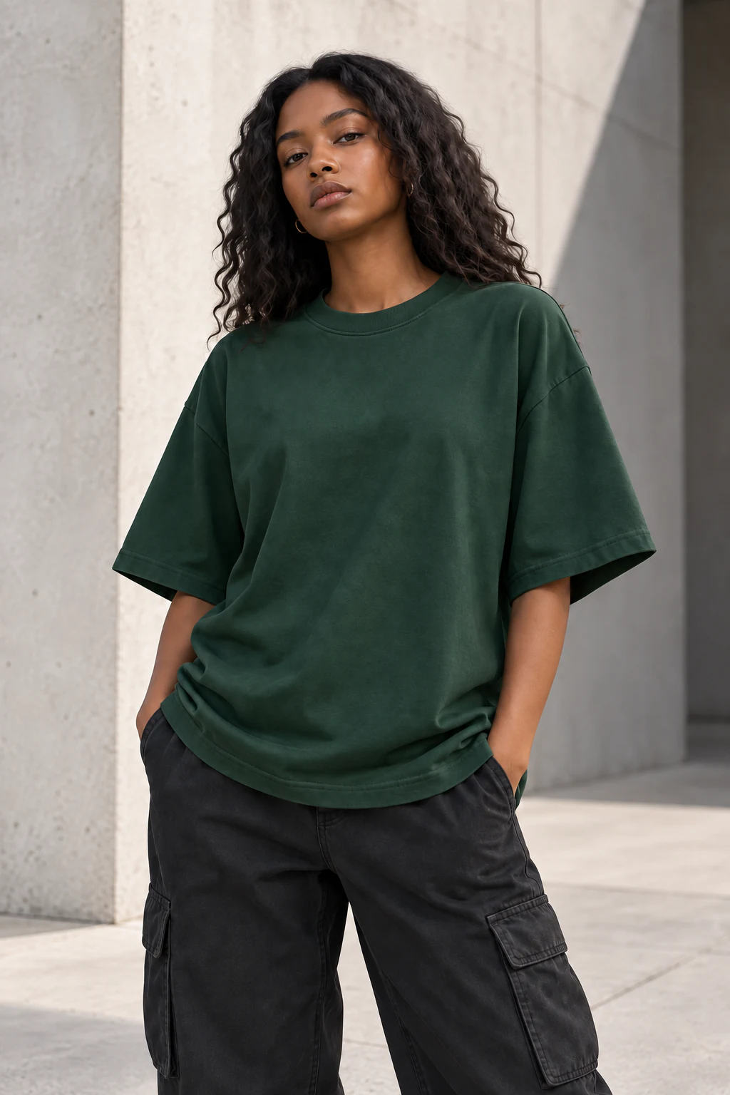 Model showing a relaxed T-shirt body and drop shoulder