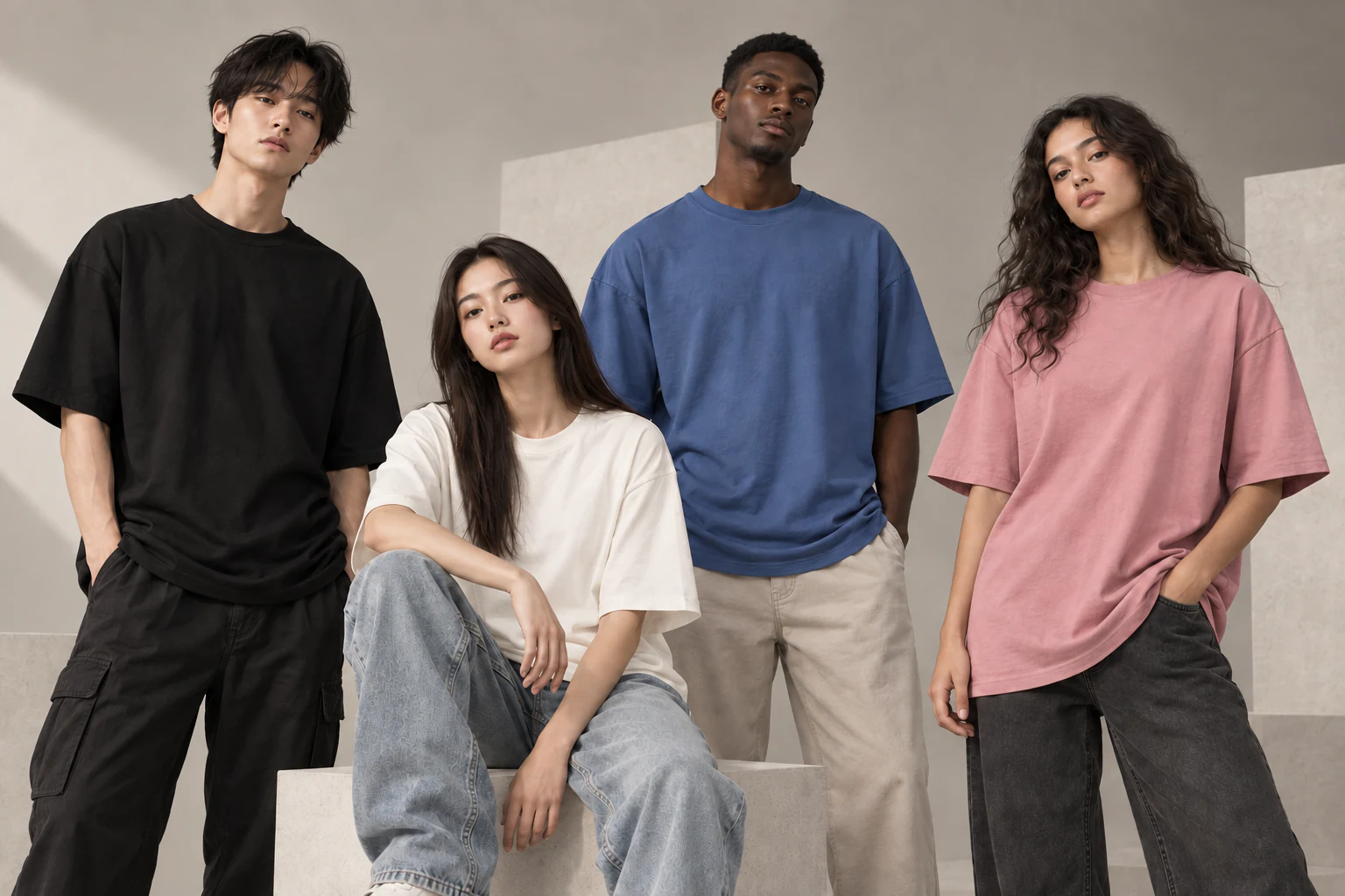 Four people wearing solid-color relaxed T-shirts